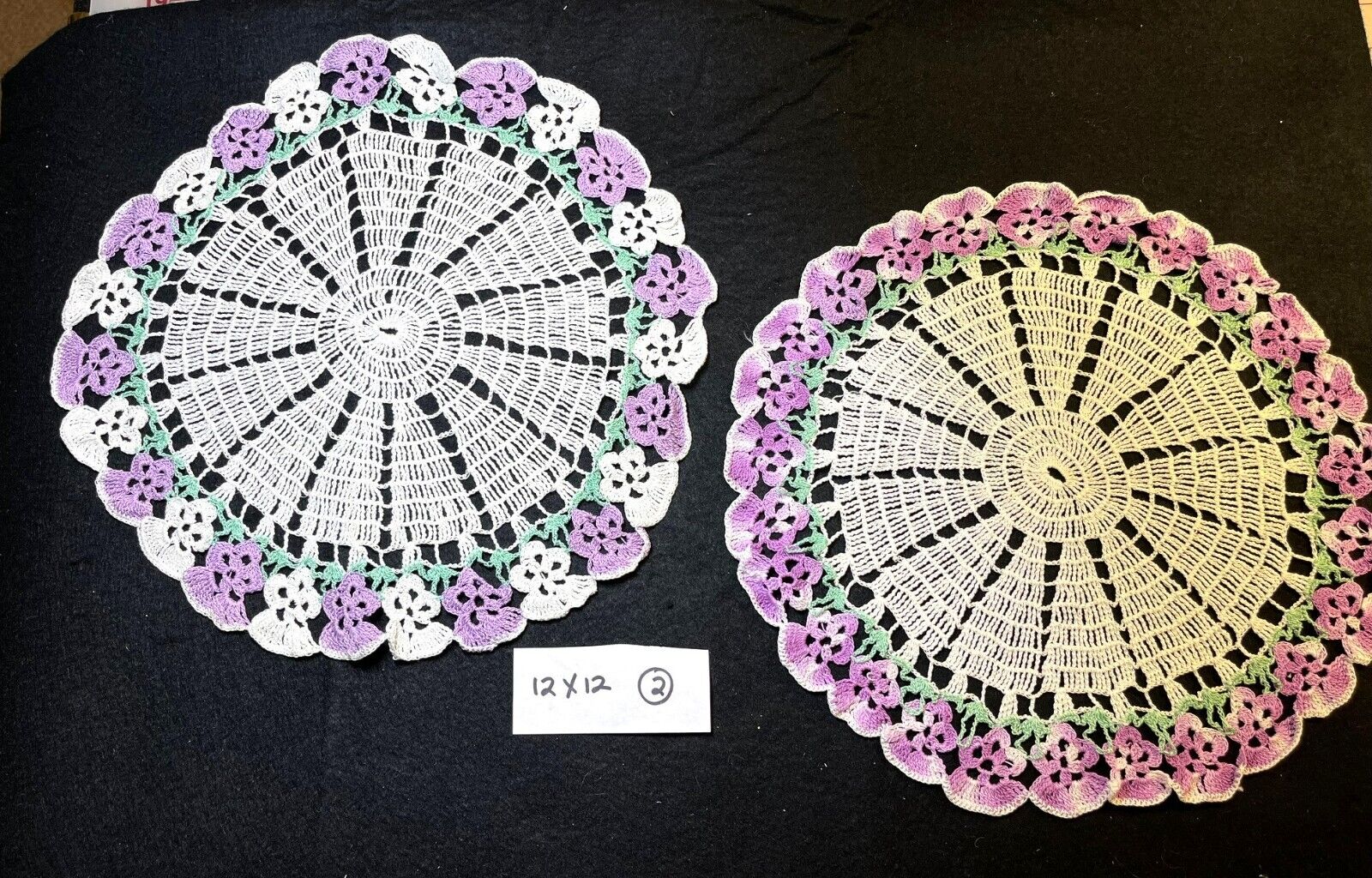 2 Vintage Purple Floral Crocheted Doilies 12x12