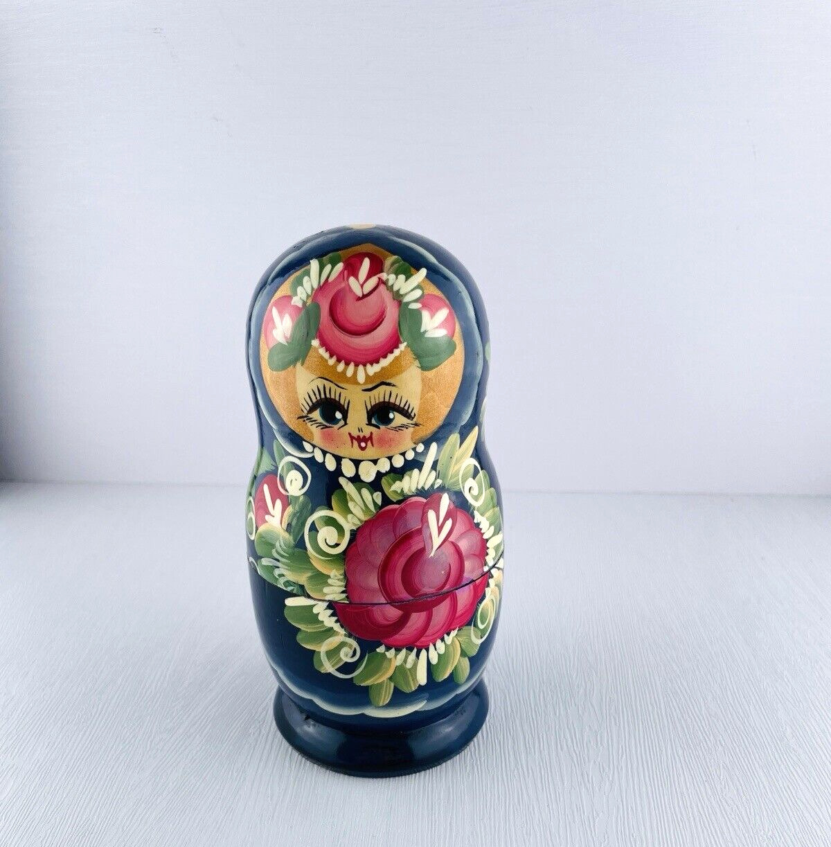Russian Style Nesting Dolls, Wooden Hand Painted Blue Pink Floral 5 Pieces
