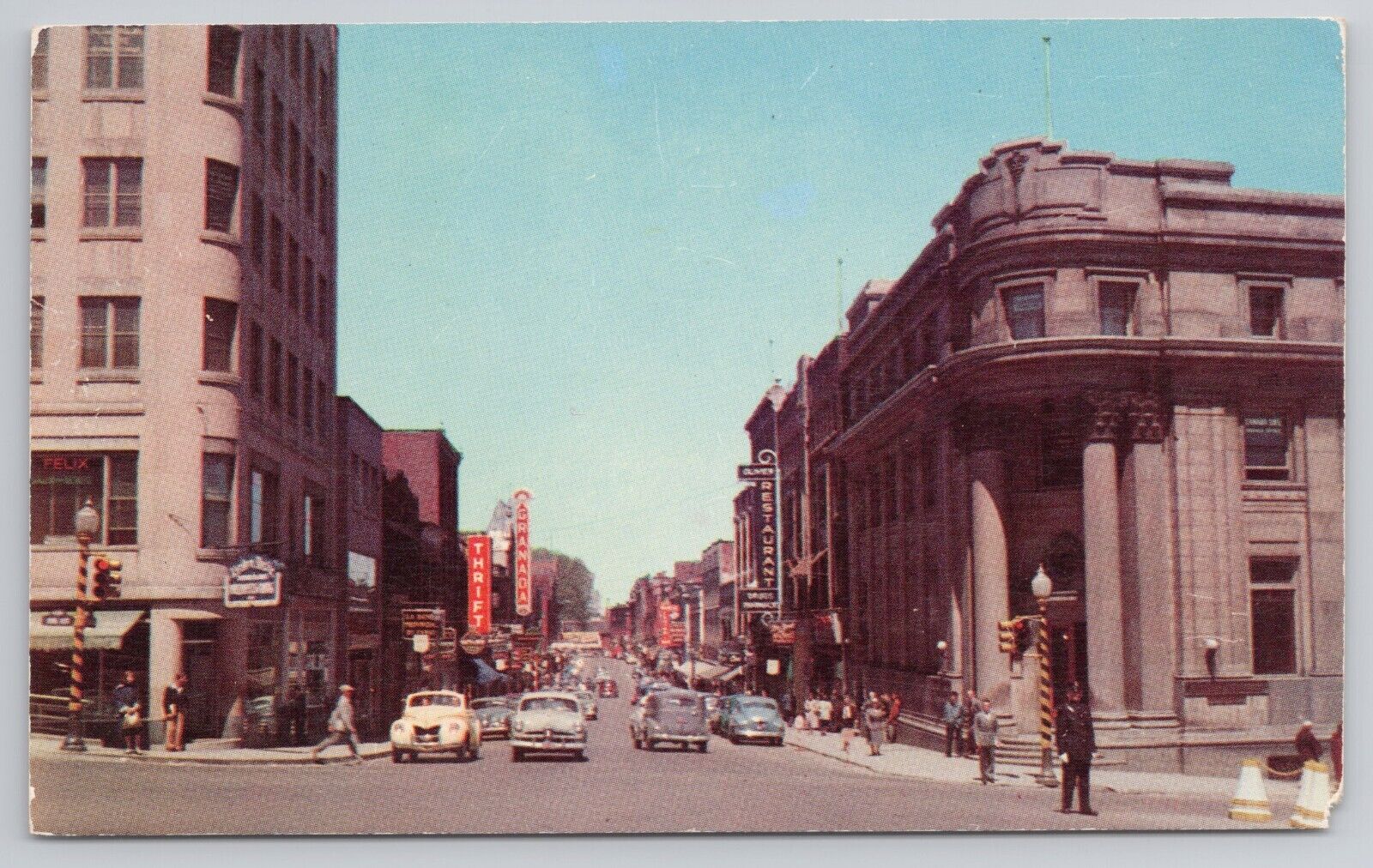 Wellington Street Sherbrooke Quebec QC Canada 1950s Postcard Cars Signs Downtown