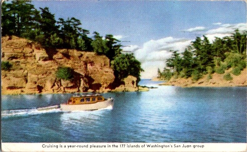 Vintage Postcard Pleasure Boat Cruising the San Juan Islands WA Washington K-756