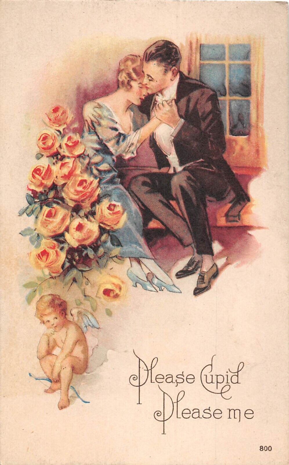 Cupid by Yellow Roses Watching Lovers Embrace-Old Art Deco Valentine PC-No. 800