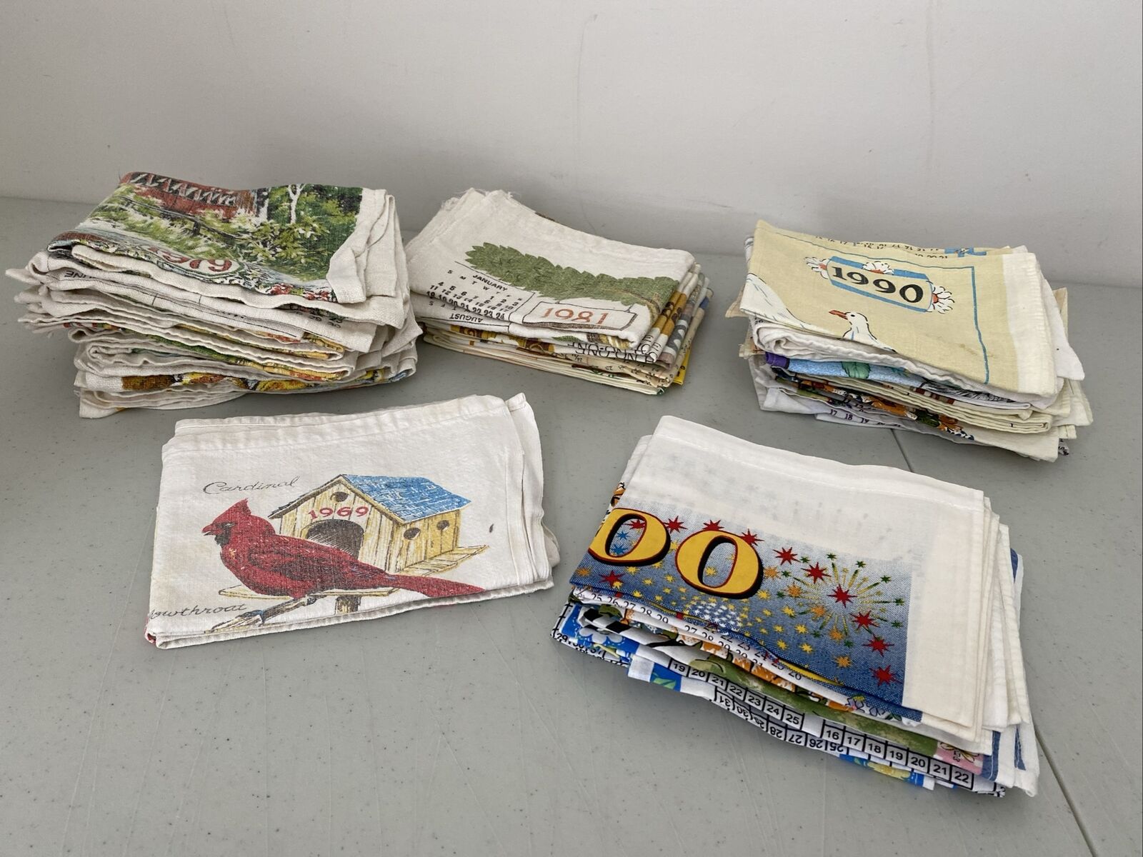 Huge Lot Of 45 Vintage Linen Calendar Tea Towels 60’s, 70”s, 80’s, 90’s, 00’s