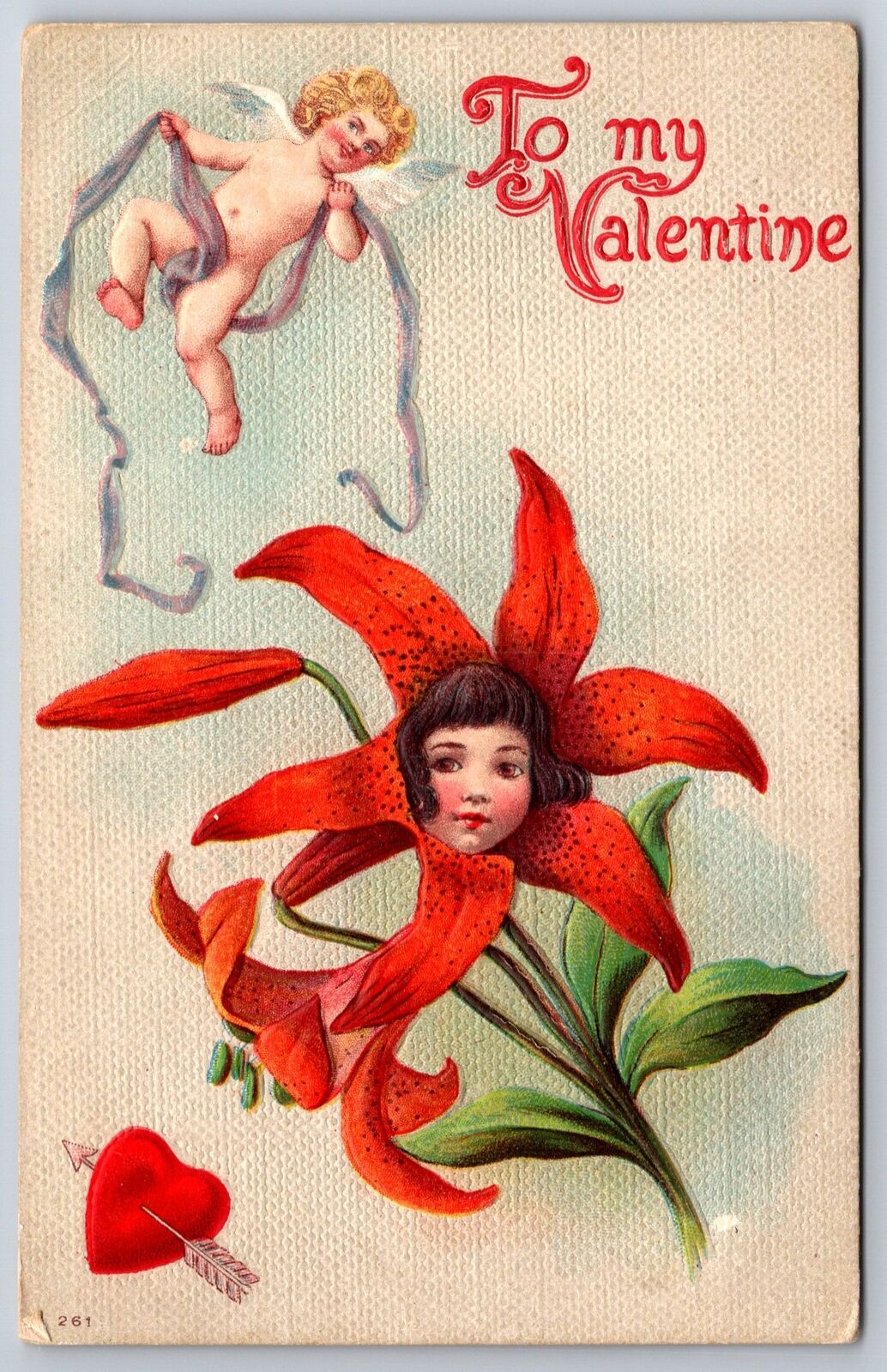 Valentine~Fantasy Flower Face Gets Cupids Attention~Arrow Thru Heart~Emboss~1909