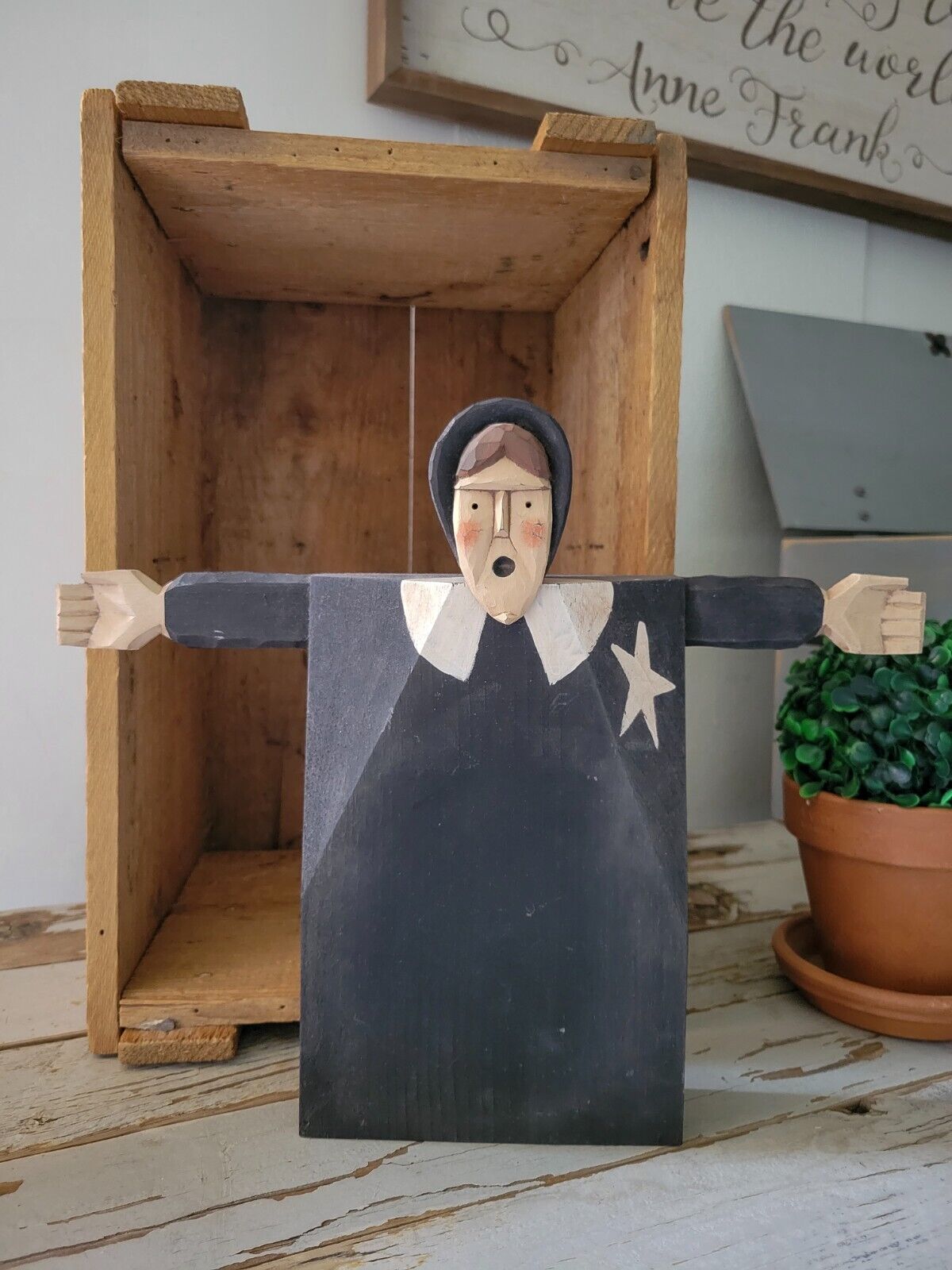 CHRIS FLESHER Folk Art Wood Hand Carved Standing Woman Amish Primitive Pilgrim