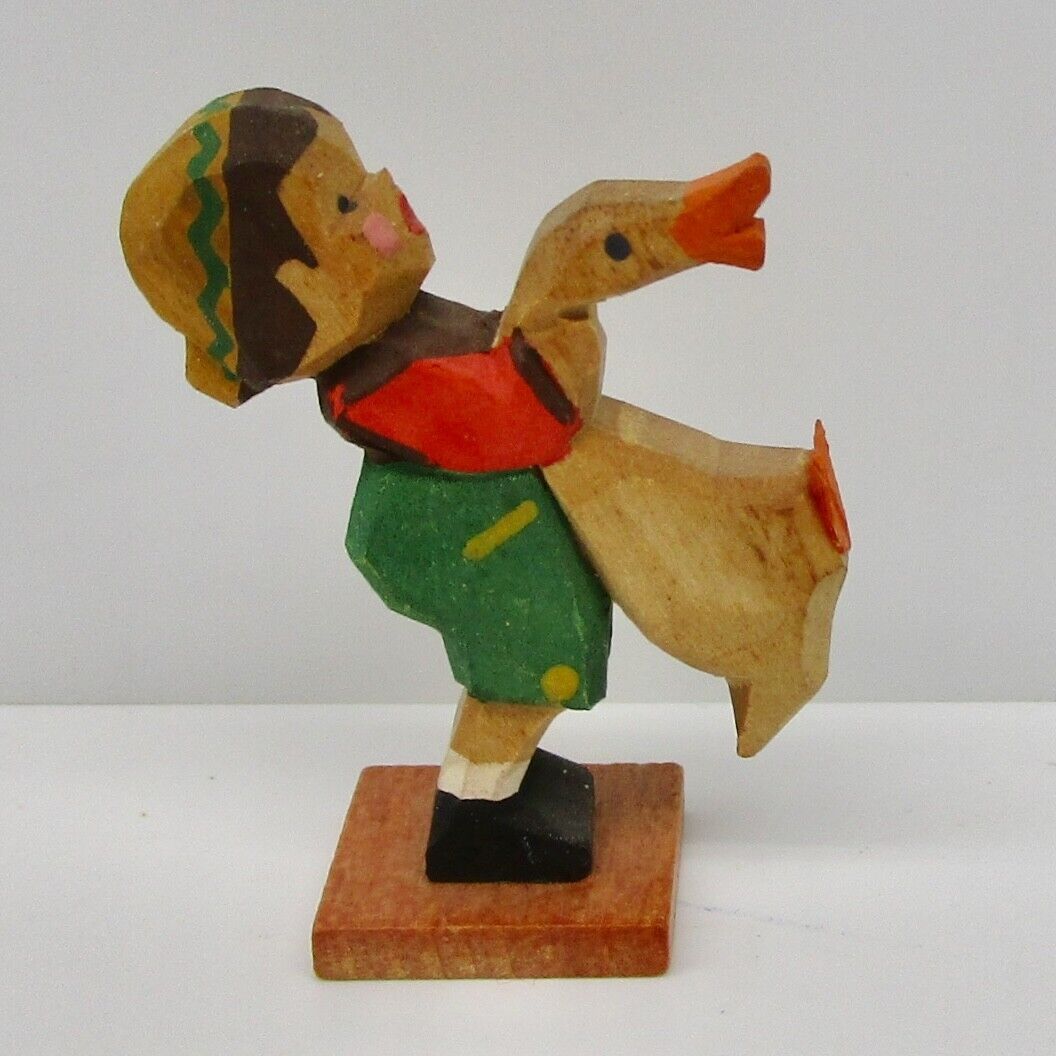 Vintage Erzgebirge Emil Helbig boy with goose wood miniature figure Germany