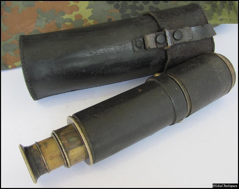19C. IMPERIAL RUSSIA MILITARY FOLDING TELESCOPE WITH LEATHER CASE