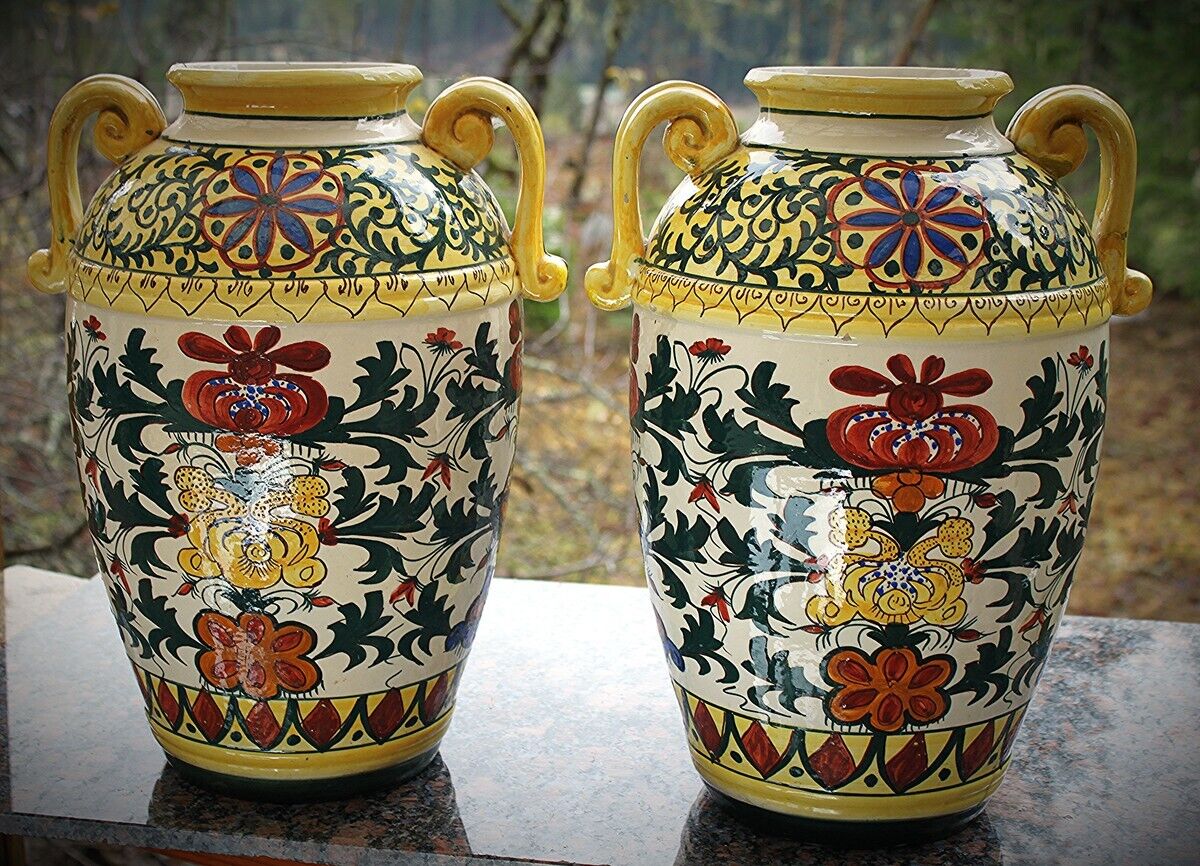 Vintage Antique Collectable Vases Talavera Pottery Spain Amphora Vases Hand Pain