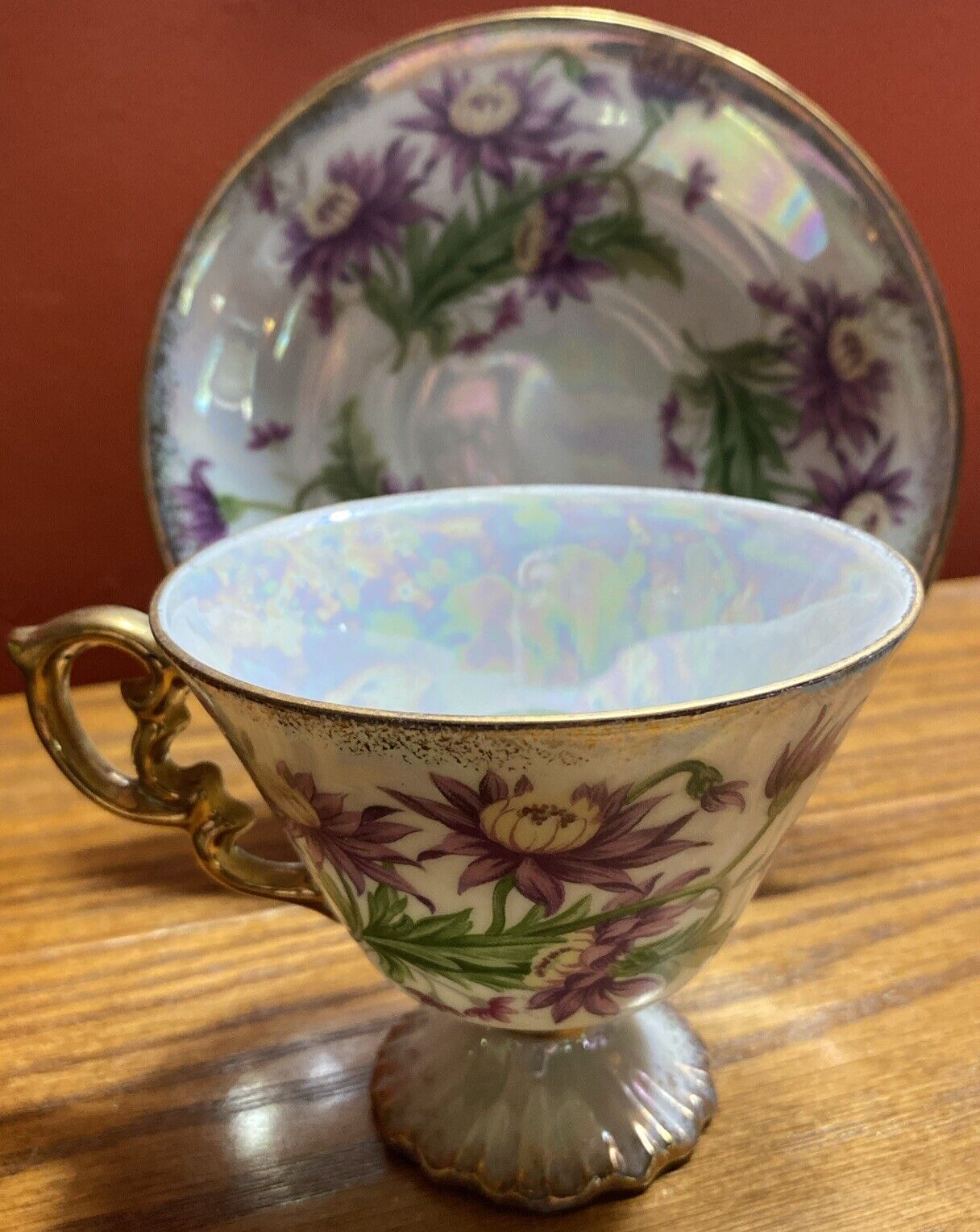 Vintage September Aster iridescent pedestal tea cup and saucer
