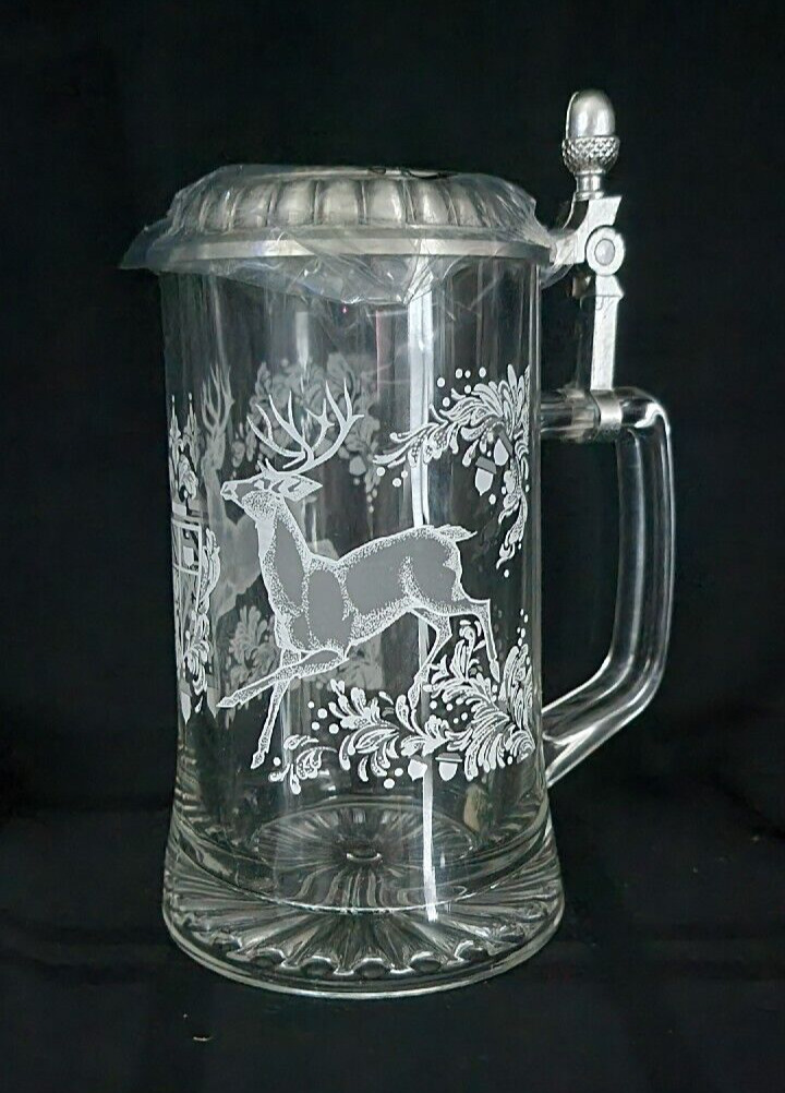 Avon Majestic Forest Tankard Stein ~ Pewter Lid (16 oz) 1997 Clear Etched Deer
