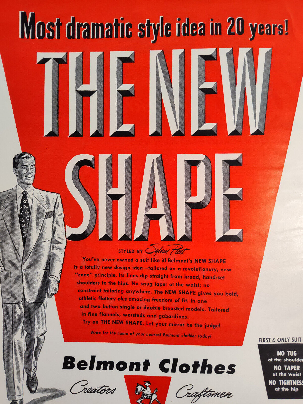 1950 Original Esquire Art Ad Advertisement The New Shape Mens Clothes Belmont