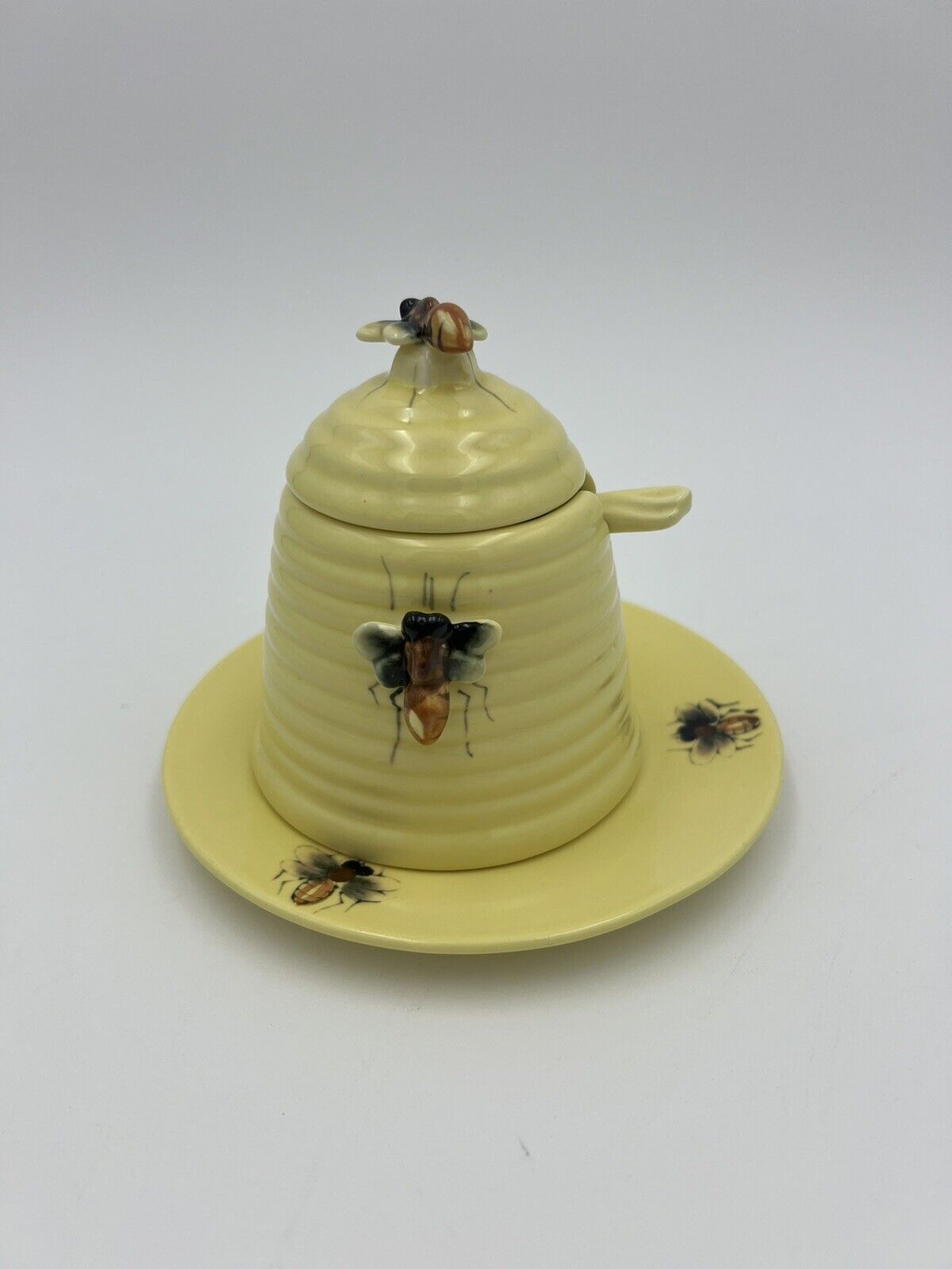 Vintage Ceramic Yellow Bee & Hive Honey Jar Pot With Ceramic Spoon Some Chips