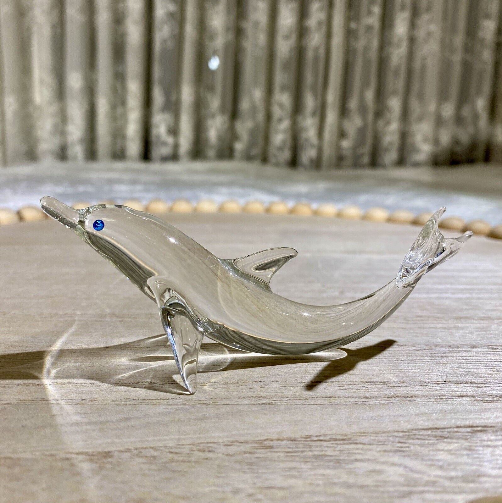 Vintage - Handmade clear glass dolphin figurine blue crystal eyes