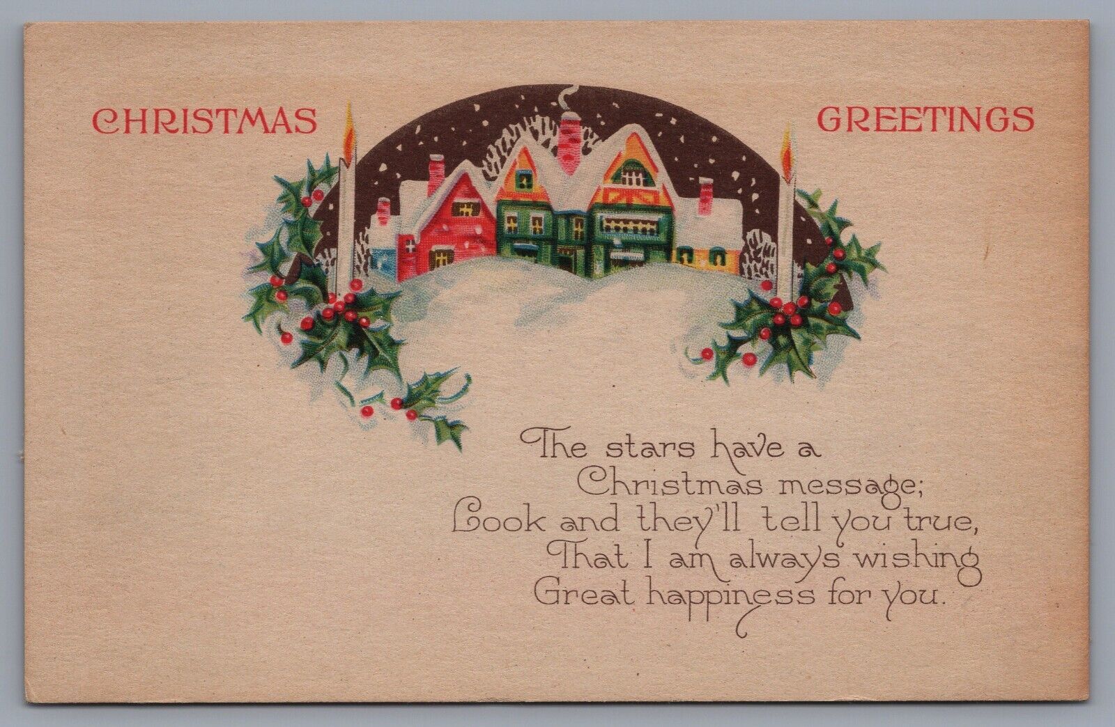 c 1910 Christmas Greetings Antique Postcard Mistletoe Candles Snow Village
