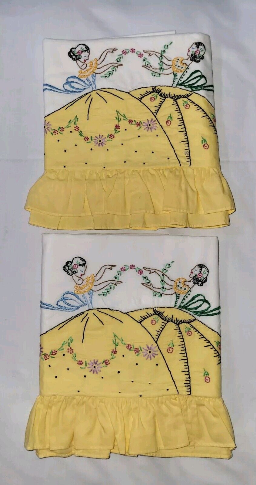 VTG Pair Pillowcases Hand Embroidered fabric applique BIG SKIRT Belles
