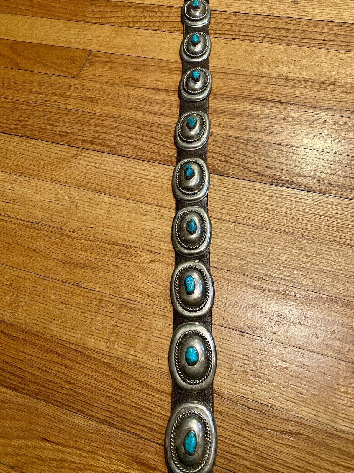 VINTAGE CONCHO BELT NATIVE AMERICAN INDIAN NAVAJO OLD PAWN SILVER & TURQUOISE