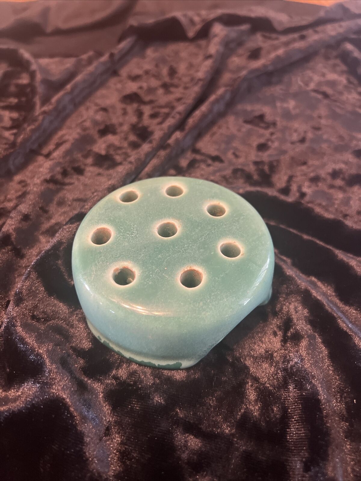 Vintage Weller Turquoise Ceramic Flower Frog 3-1/4” 8 Holes Flower Holder