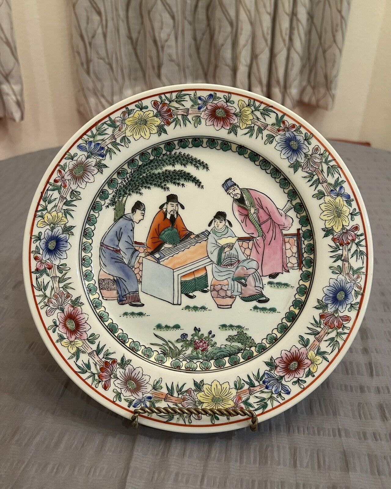 Mid Century Famille Rose Chinese Hand Painted Decorative Plate Qianlong Mark
