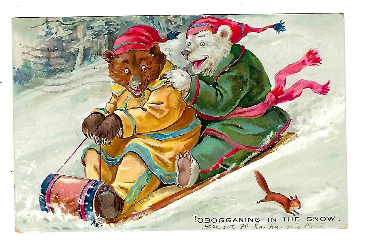1908 Tuck\'s Little Bears Christmas Postcard, Tobogganing in The Snow, Squirl