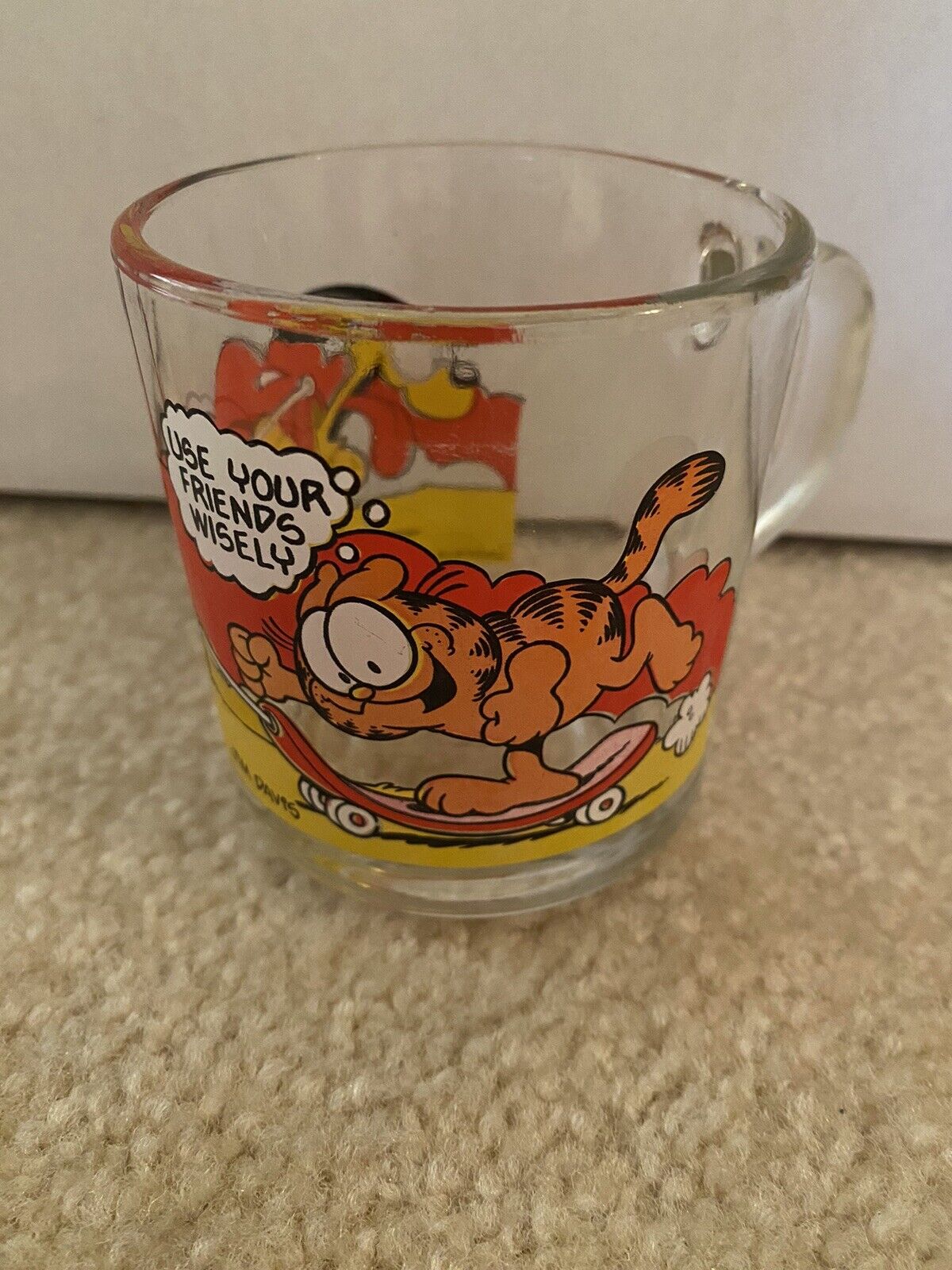 Vintage 1978 McDonald’s GARFIELD MUG ‘Use Your Friends Wisely’, Clear with Decal