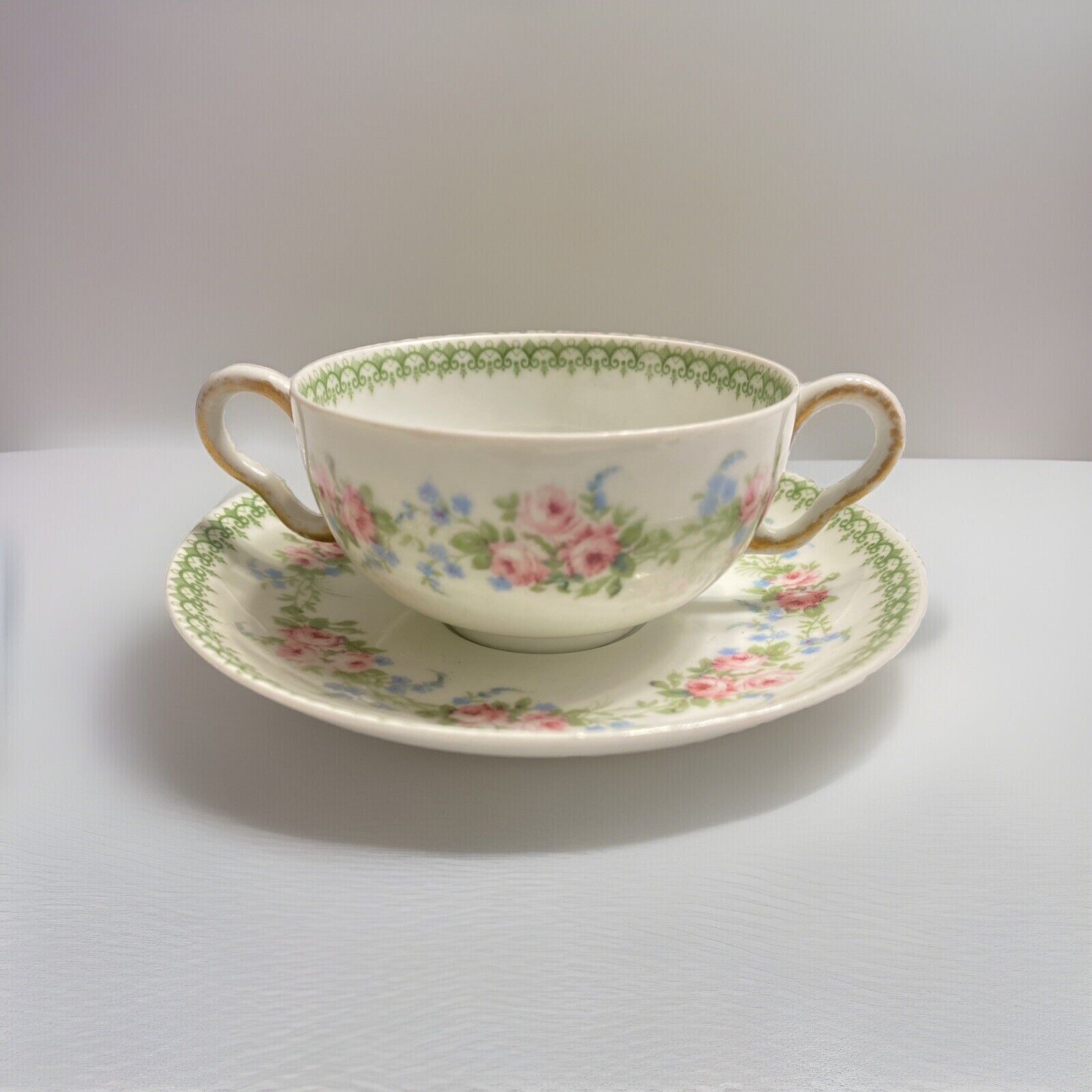 Vintage Floral Cream Soup Cup and Saucer By  Tilden Thurber Providence RI-