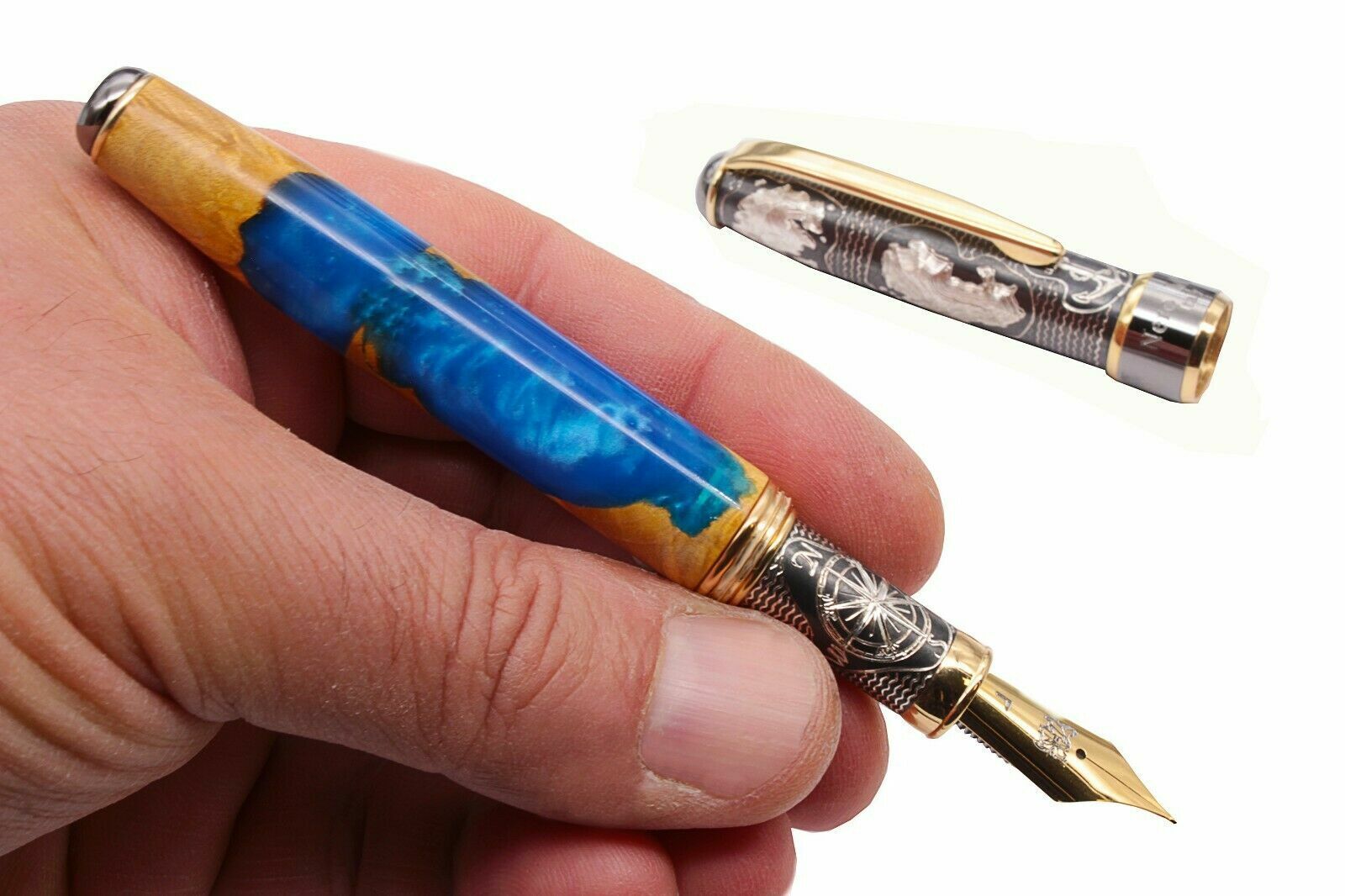 Unknown Land Fountain Pen 925 Silver Wood & Resin EF Nib Blue Ink Numbered Serie