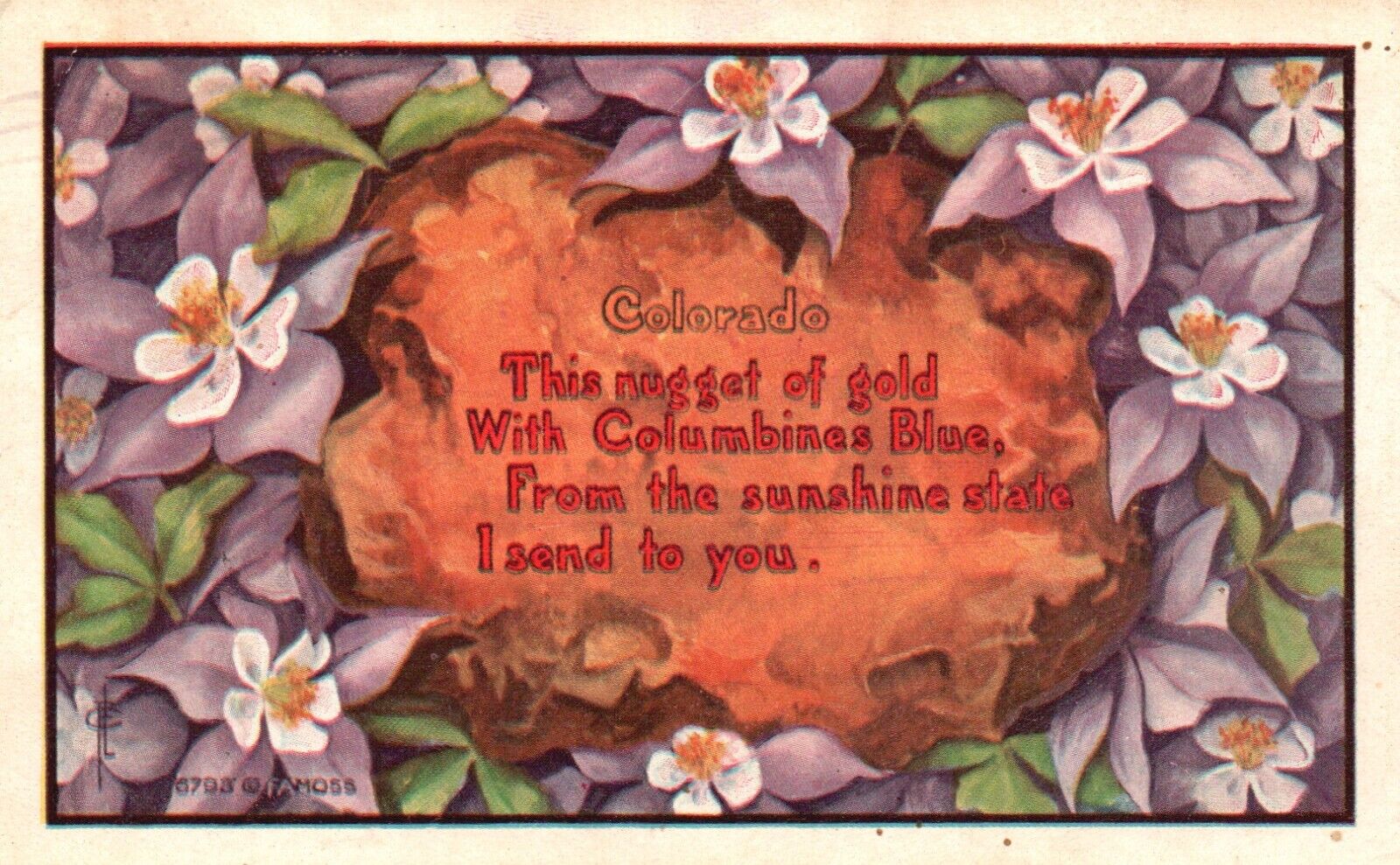 Postcard CO Colorado Nugget of Gold Poem Columbines Posted 1913 Vintage PC H3045