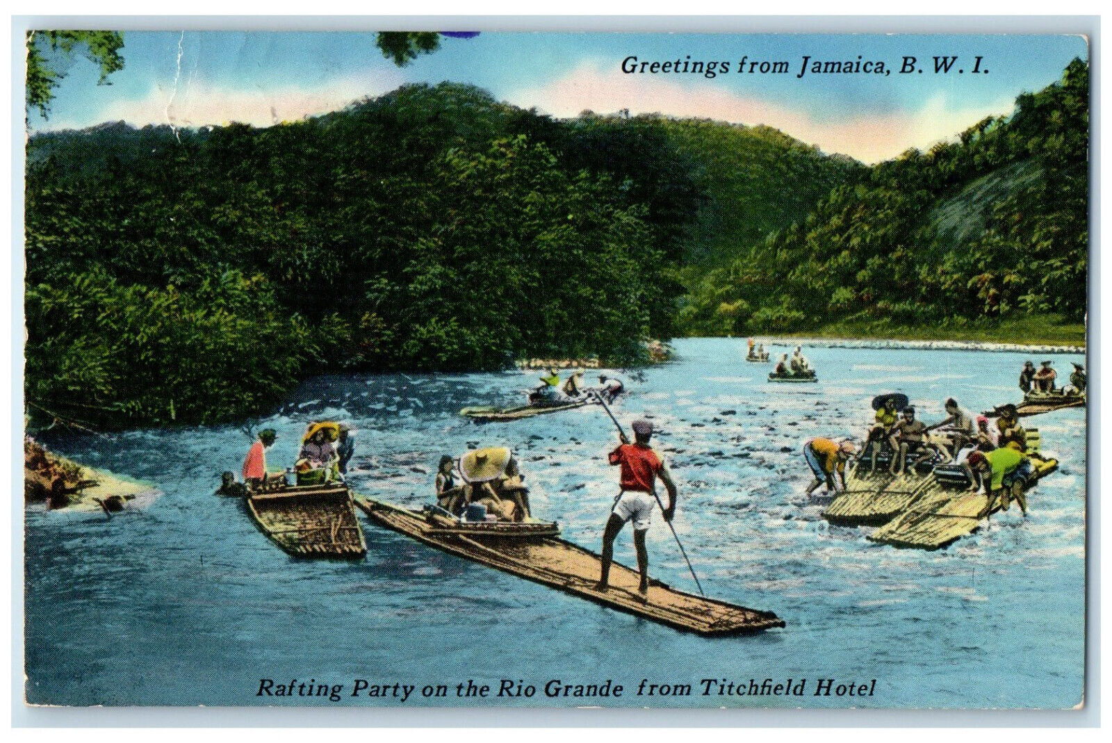 c1950\'s Rafting Party at Rio Grande Greetings from Jamaica BWI Postcard