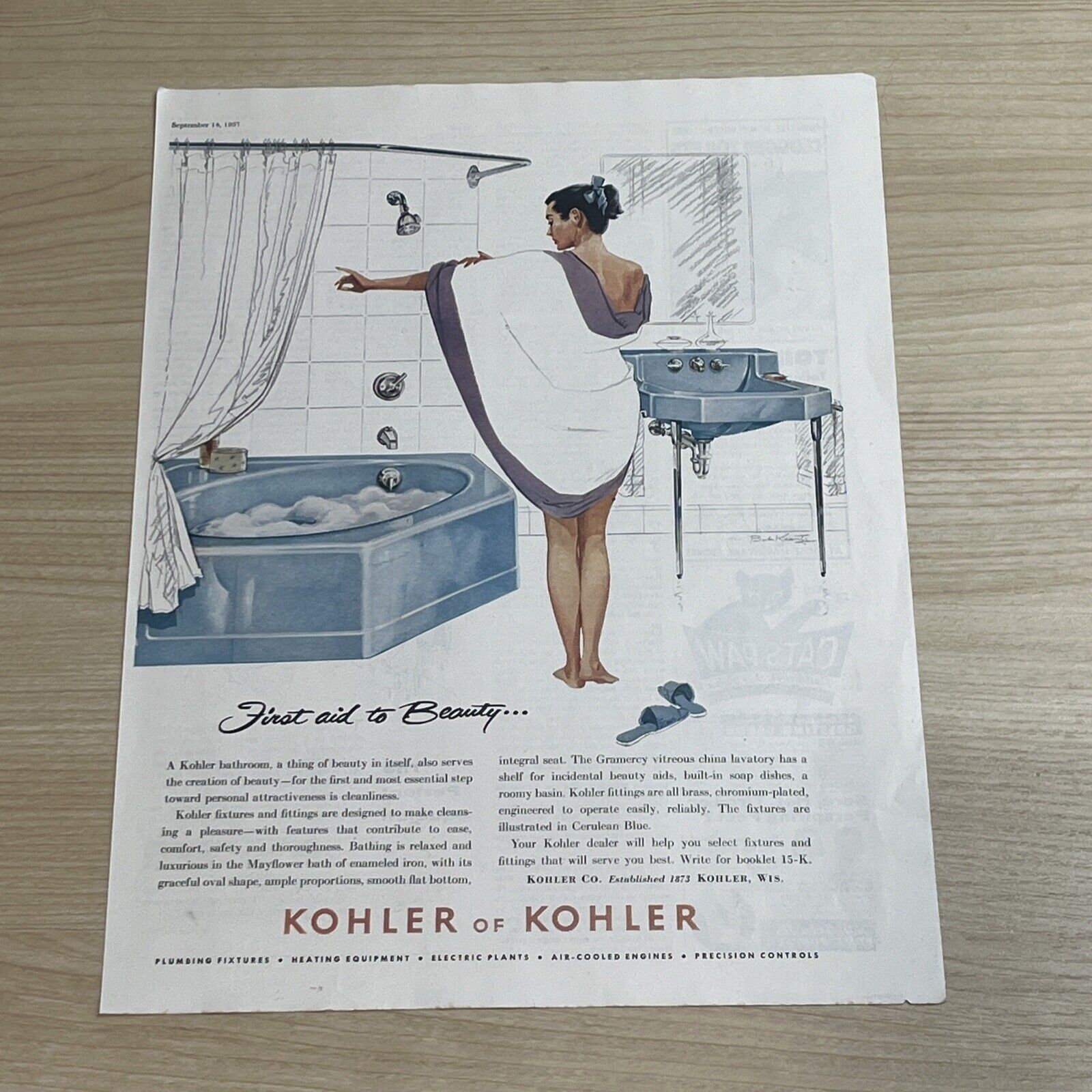 Kohler of Kohler Blue Bathroom Tub Sink Shower 1957 Vintage Print Ad