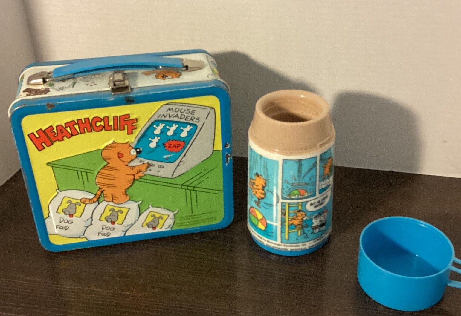 Heathcliff Lunchbox with Thermos, 1982, Some Rust, Missing Stopper