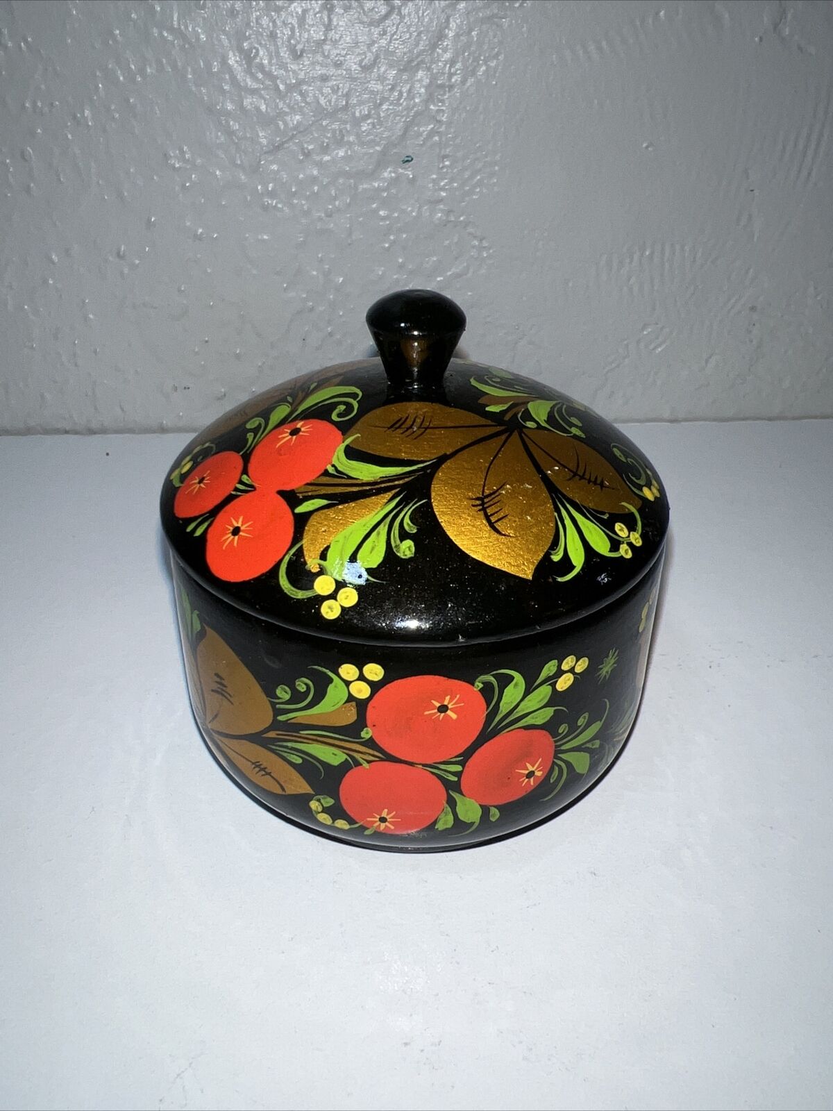 Vintage Khokhloma Russian Wood Folk Art Painted Canister Jar Lid, Red, Blk Gold