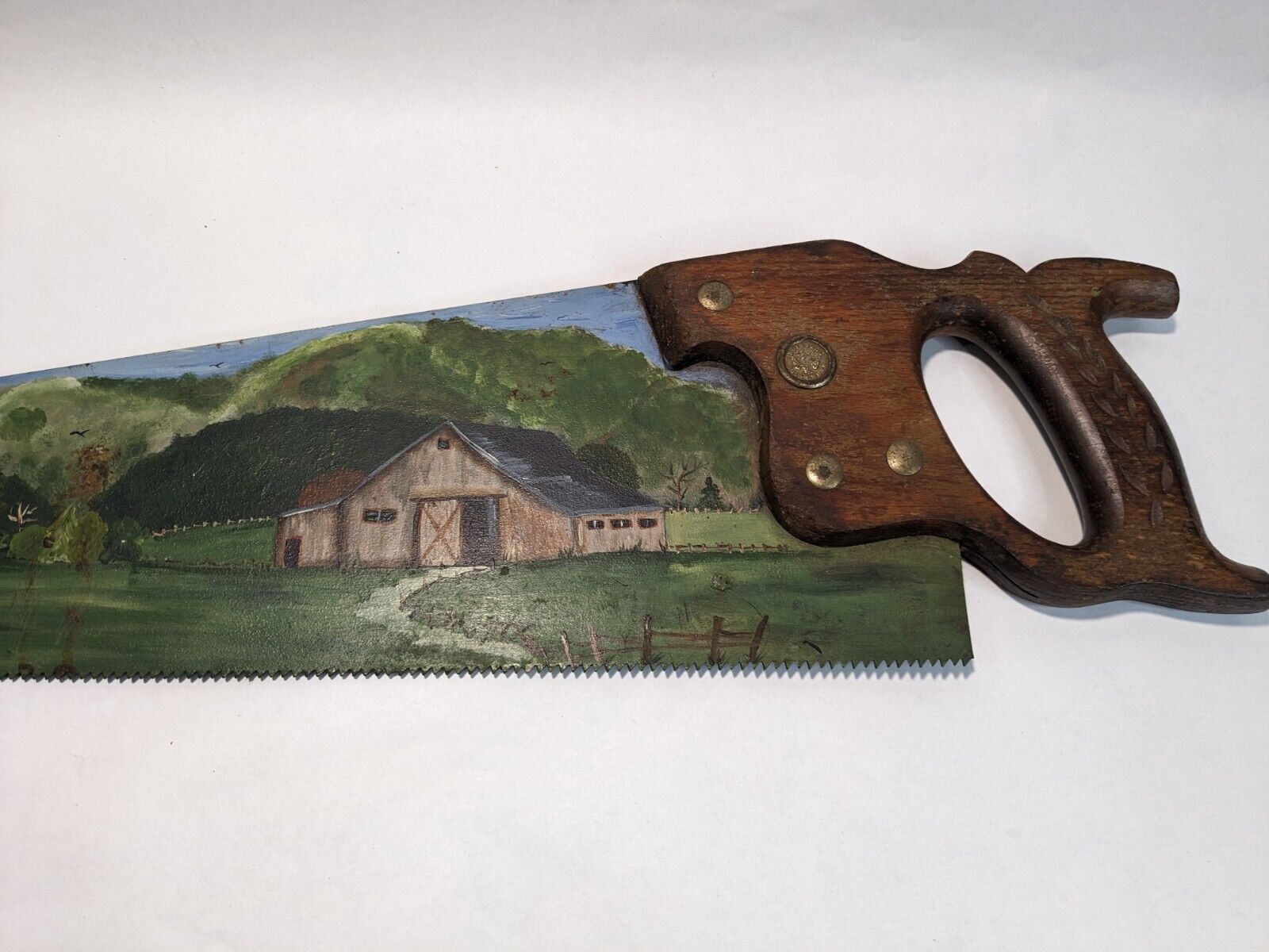 Vintage Rustic Country Art  Hand Painted Scenery Farmhouse Barn Field Hand Saw