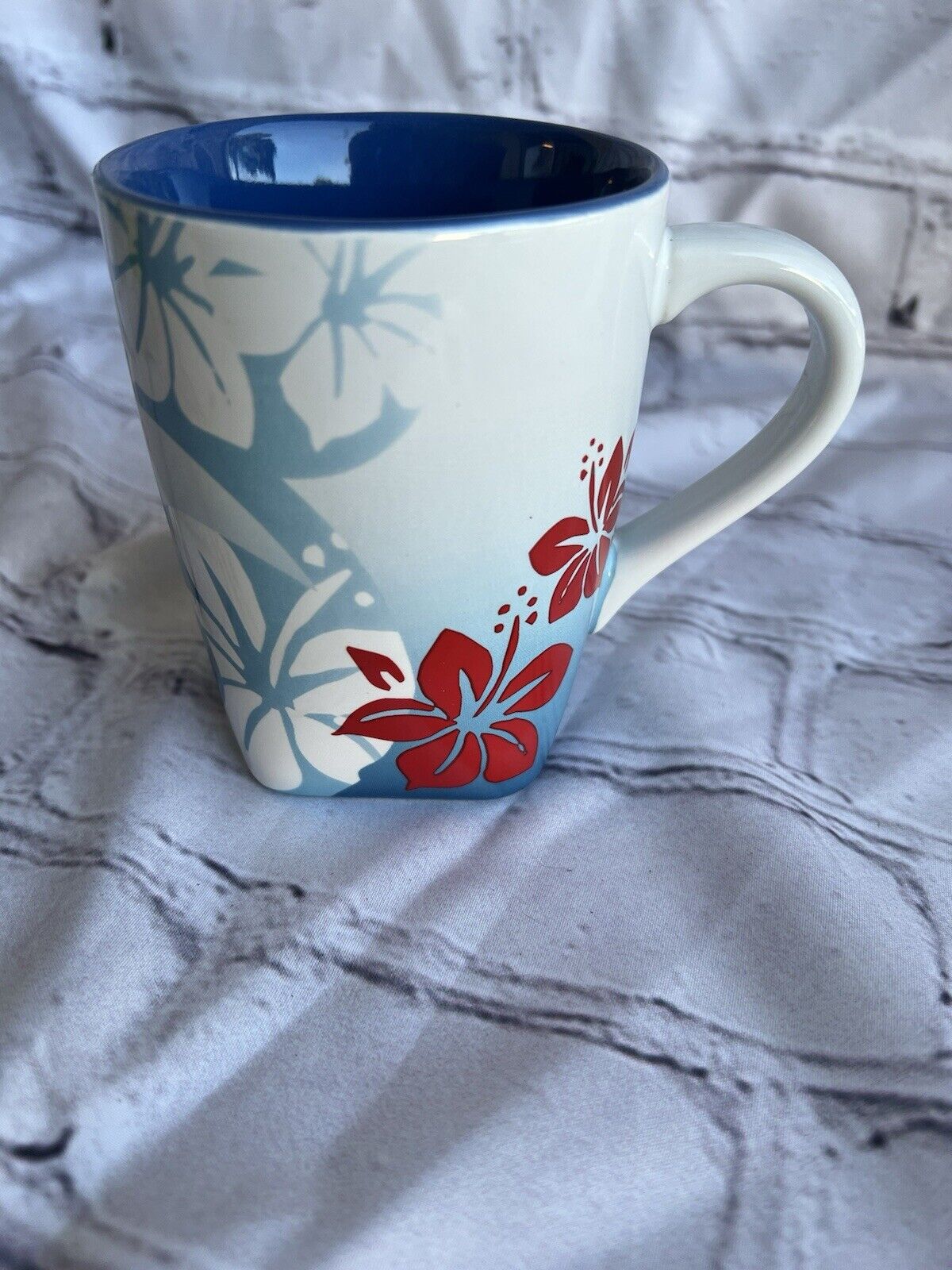 Disney Mug IT\'S A SHORE THING White Blue with Red Hibiscus Flowers Tropical Cup