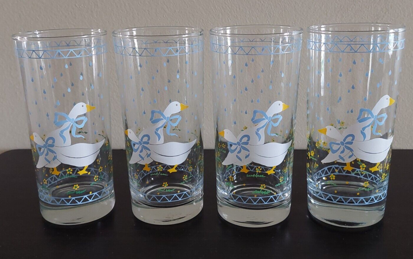 4 Vintage 1987 Anchor Hocking Countryside Blue Bow Geese Duck Tumbler Glasses