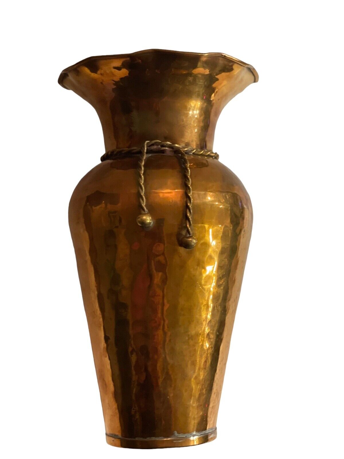 Hammered Brass Vase with Scalloped Opening & Rope Accent, 11\