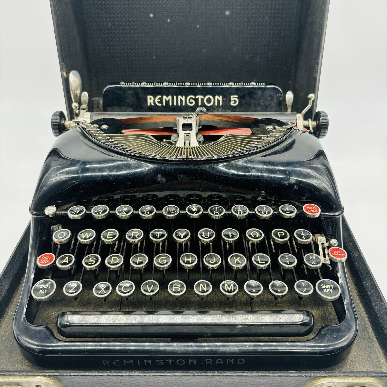 Antique 1930s Remington Rand 5 Mechanical Portable Typewriter Glass Keys w/ Case