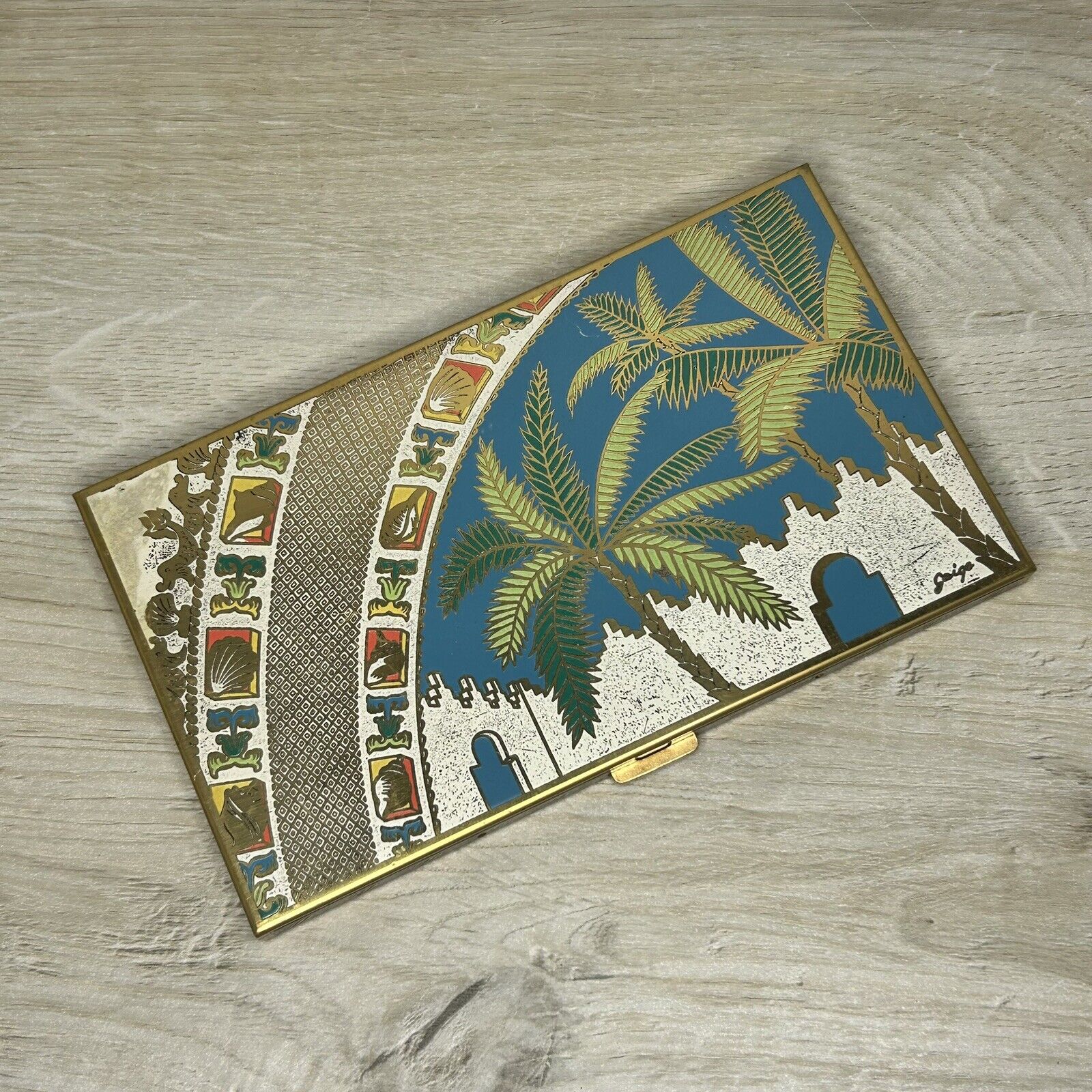 Vintage Volupte Compact Cigarette Case Palm Trees Enamel Brass Made In USA
