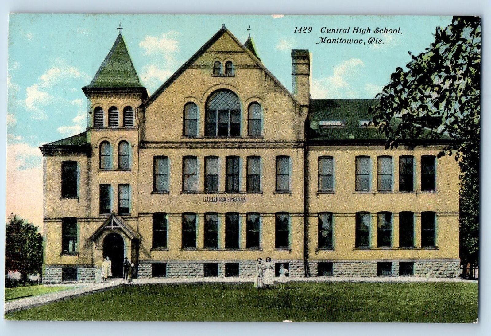 1914 Central High School Building Students Entrance Manitowoc Wisconsin Postcard