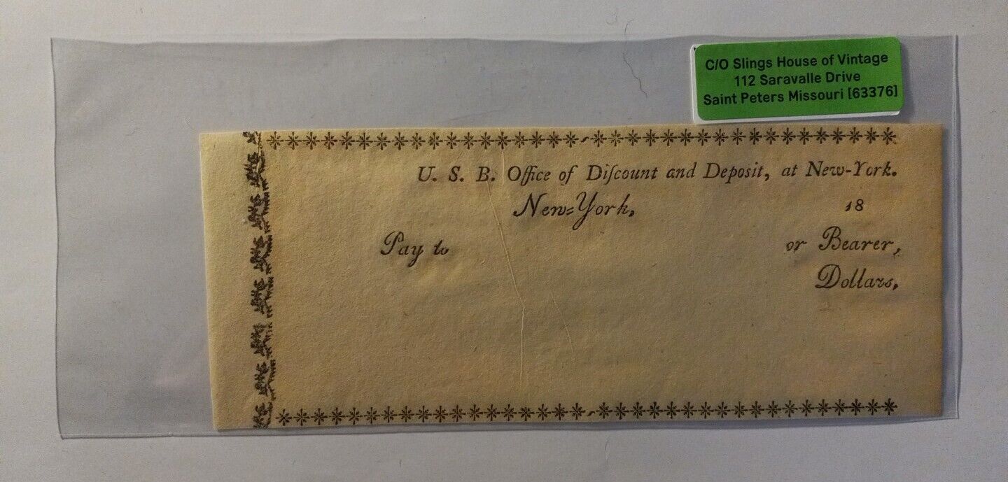  Early 1800's UNC check from U.S.B. Office Of DiscountDeposit New-York, New York