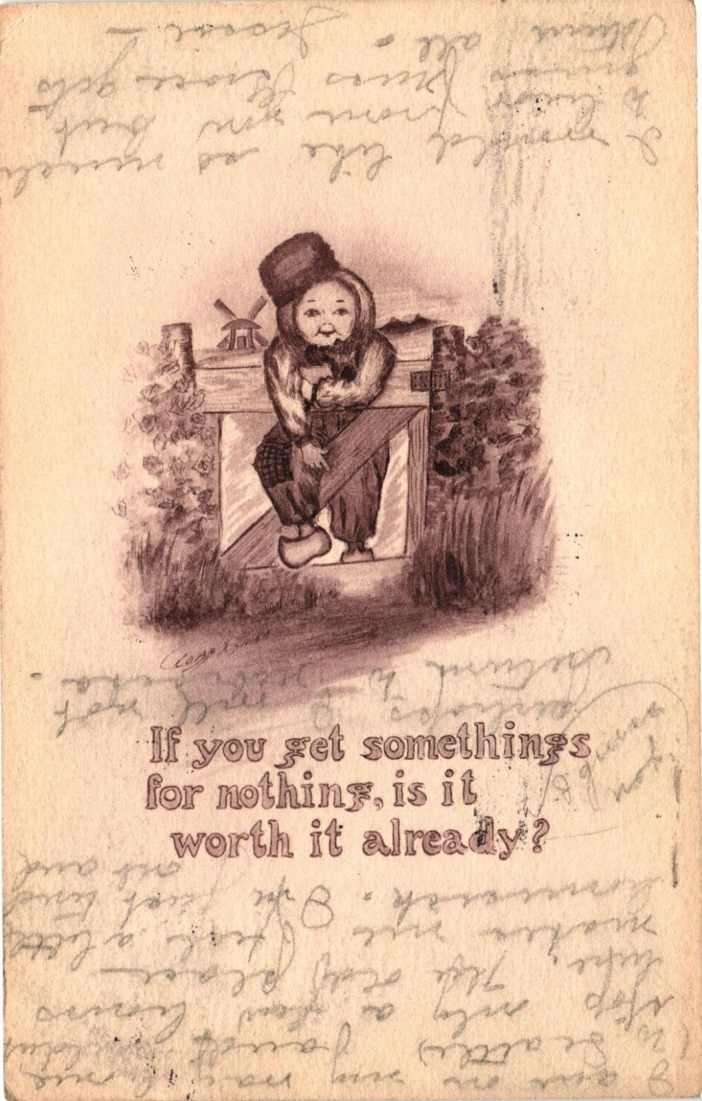 Cartoon Dutch Boy Windmill Something for Nothing Divided Postcard Posted 1911