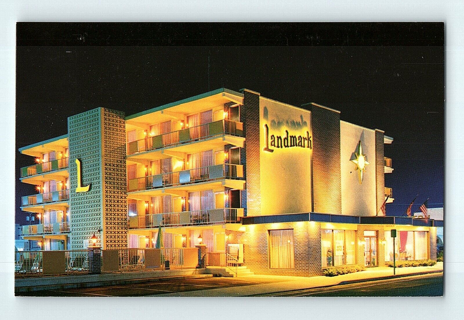 Landmark Motel Wildwood NJ Night Scene Building Lit Up  Postcard E7