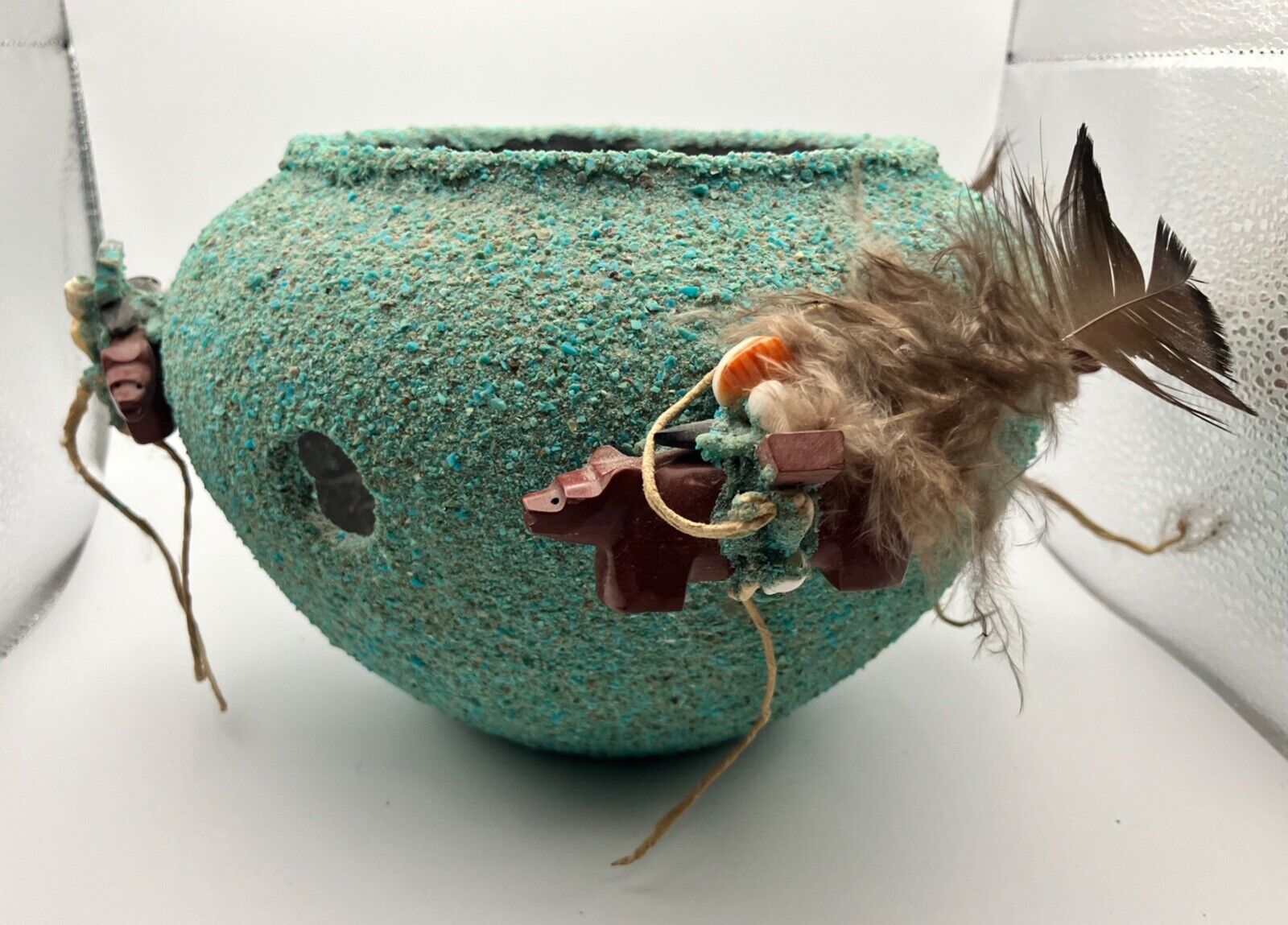 Vintage Zuni  Fetish Spirit Pot Bowl Native American Crushed Turquoise Encrusted