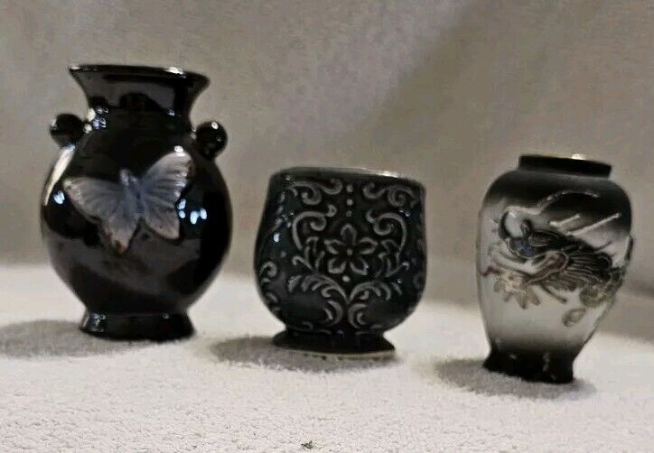 Vintage Lot of 3 Miniature Vases Made In Japan Floral Butterfly Dragon Occupied
