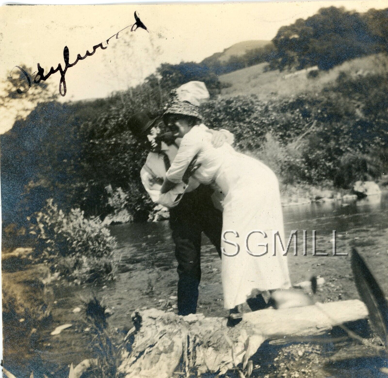 B29 Antique Photo Idyllwild CA Couple Smiling Trying to Balance on a Rock