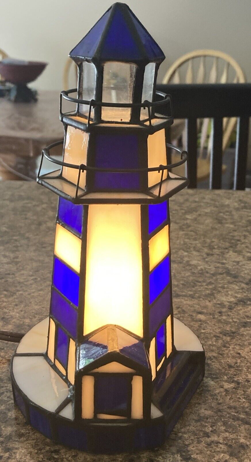 Beautiful Tiffany Style Stained Glass Lighthouse Table Light White Blue 10” H