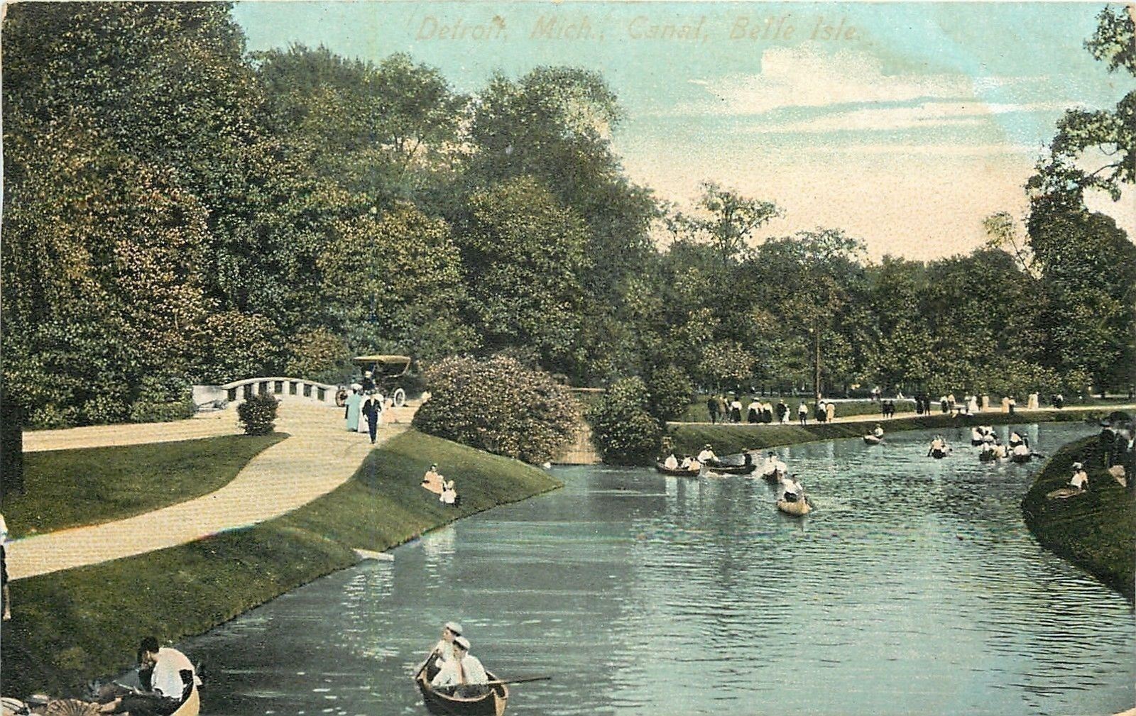 Detroit Michigan~Folks Stroll Belle Isle~Boating on Canal~1907 Postcard