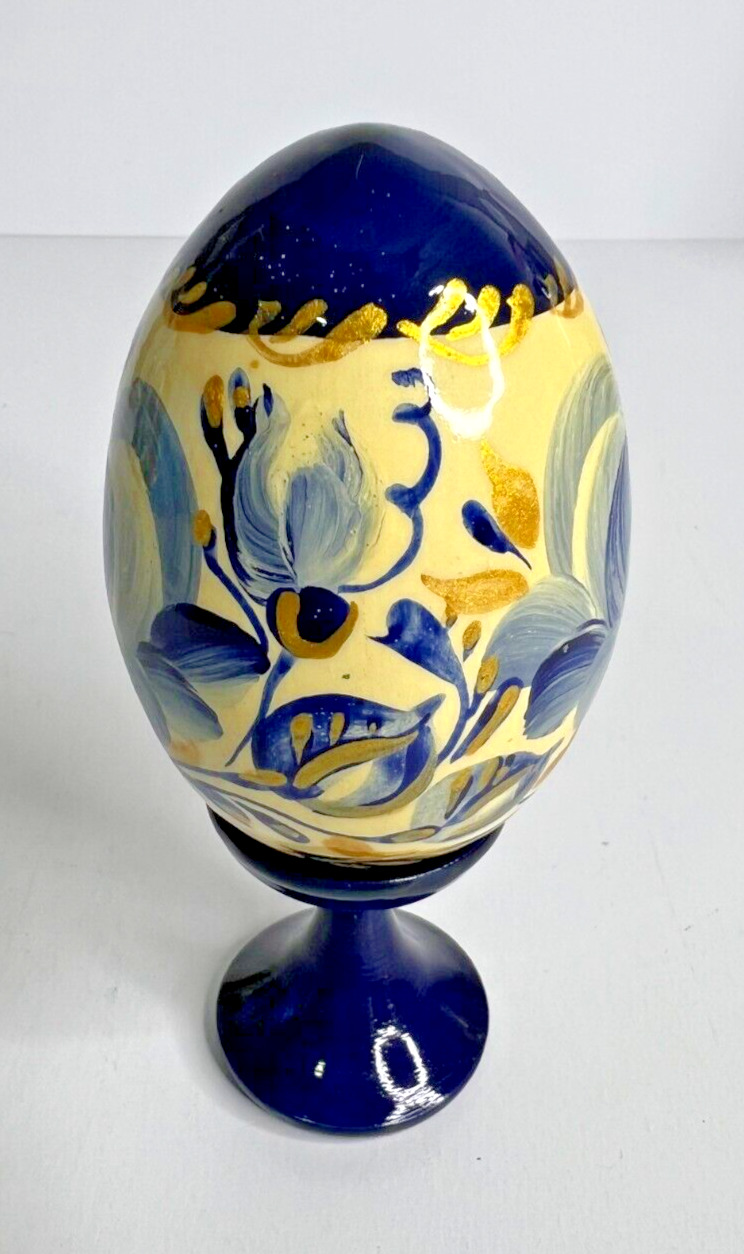 Hand Painted Wooden Egg & Stand Signed & Numbered Blue W/ Gold Russian - Easter