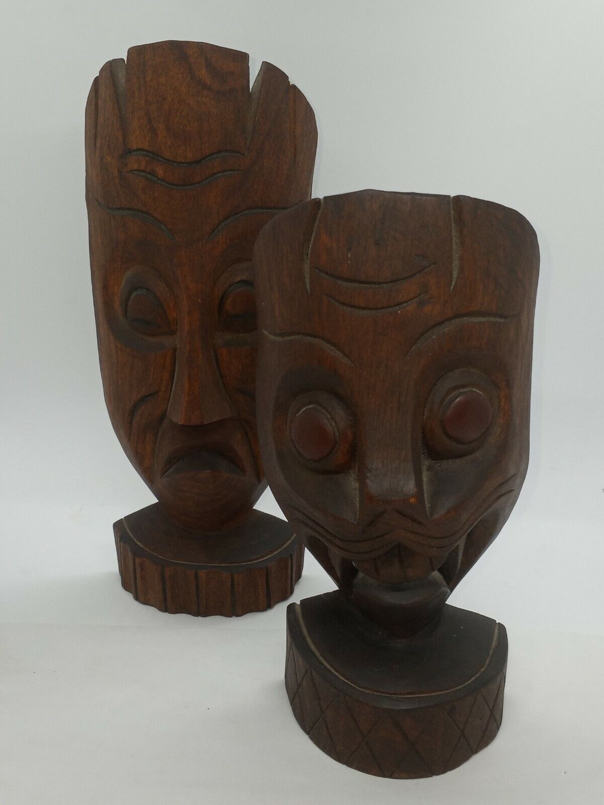 Two Tribal Mask Souvenirs 1950s Hand Carved Unusual Face Mexico L. De Pablo 