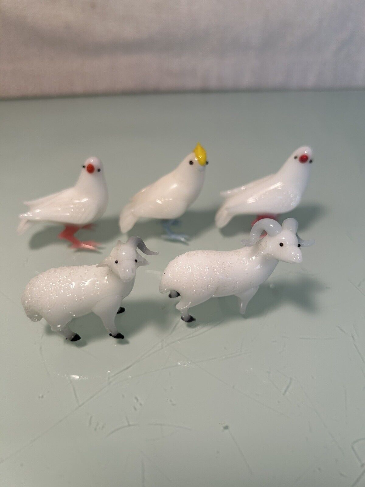 5 Antique German Blown Milk Glass Christmas Figurines Birds Sheep Bimini ?