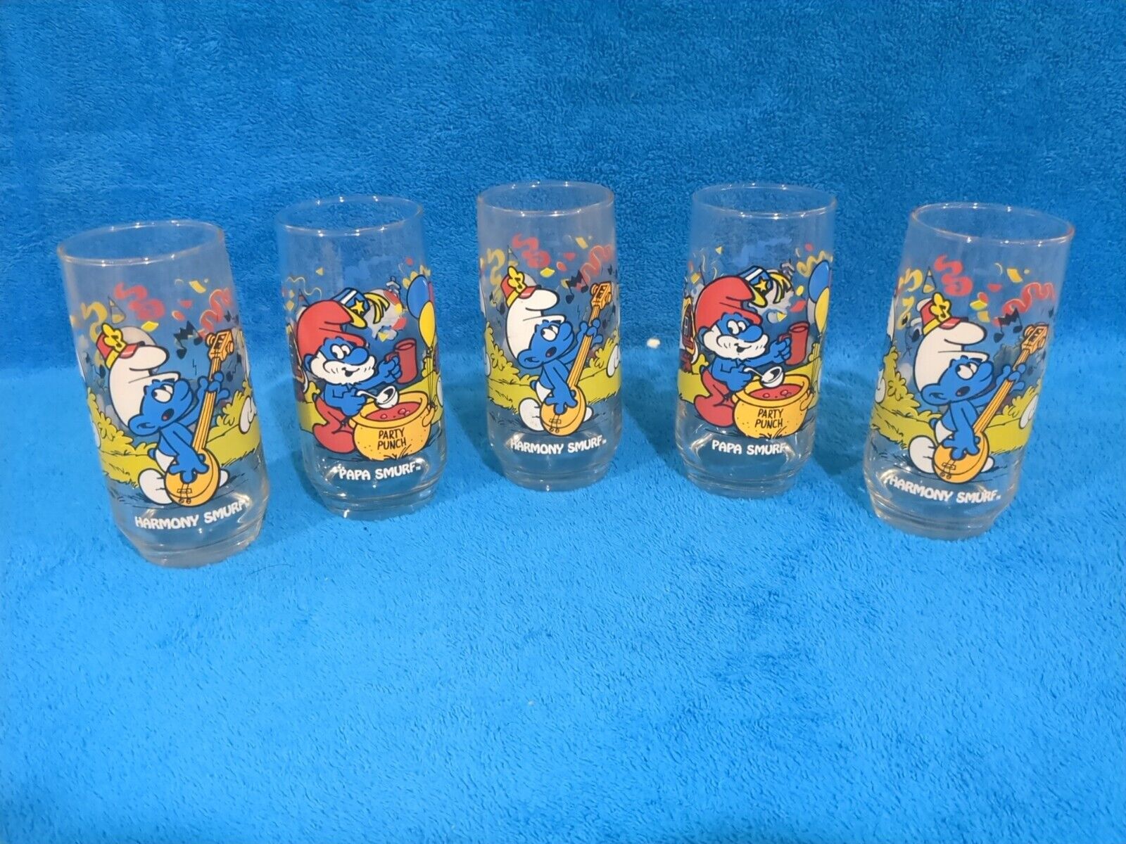 Vintage Smurf Glasses Lot Of 5 Peyo 1982 & 1983