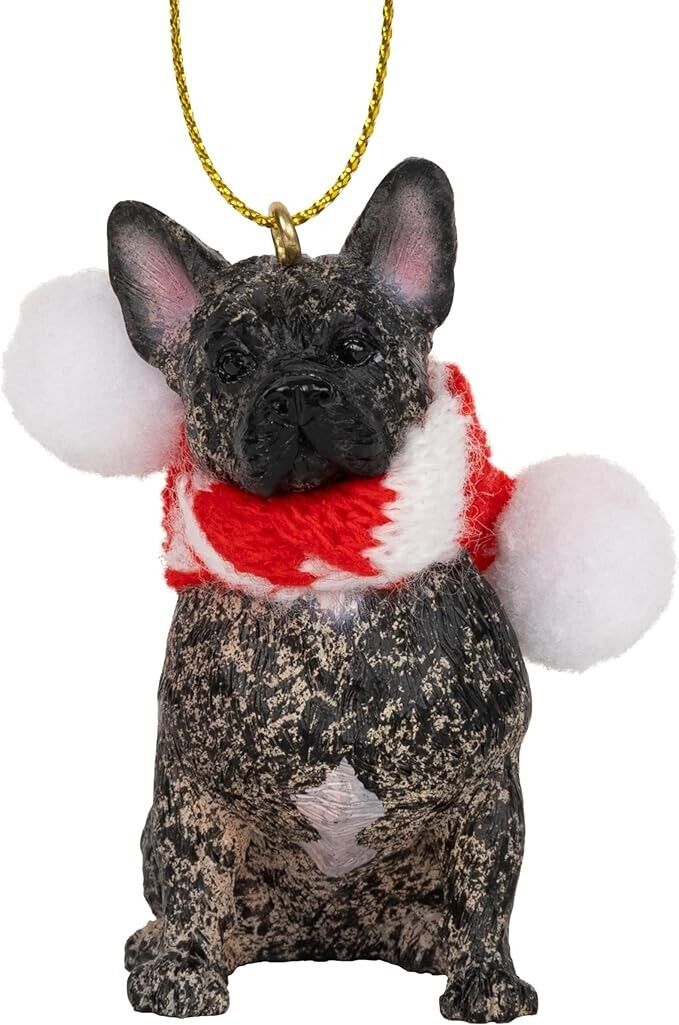French Bulldog Brindle Dog Christmas Tree Ornament with Candy Cane Scarf